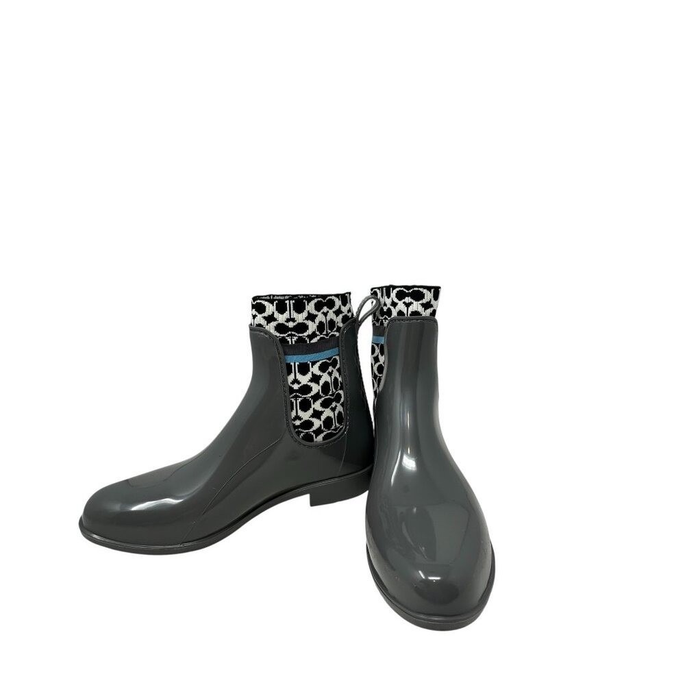 Coach Rivington Rainboots - Gray Rubber W/ Blk And White Logo Sock - Size 7